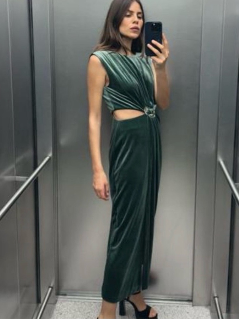 Zara Emerald Green Velvet Maxi Dress with Silver Buckle